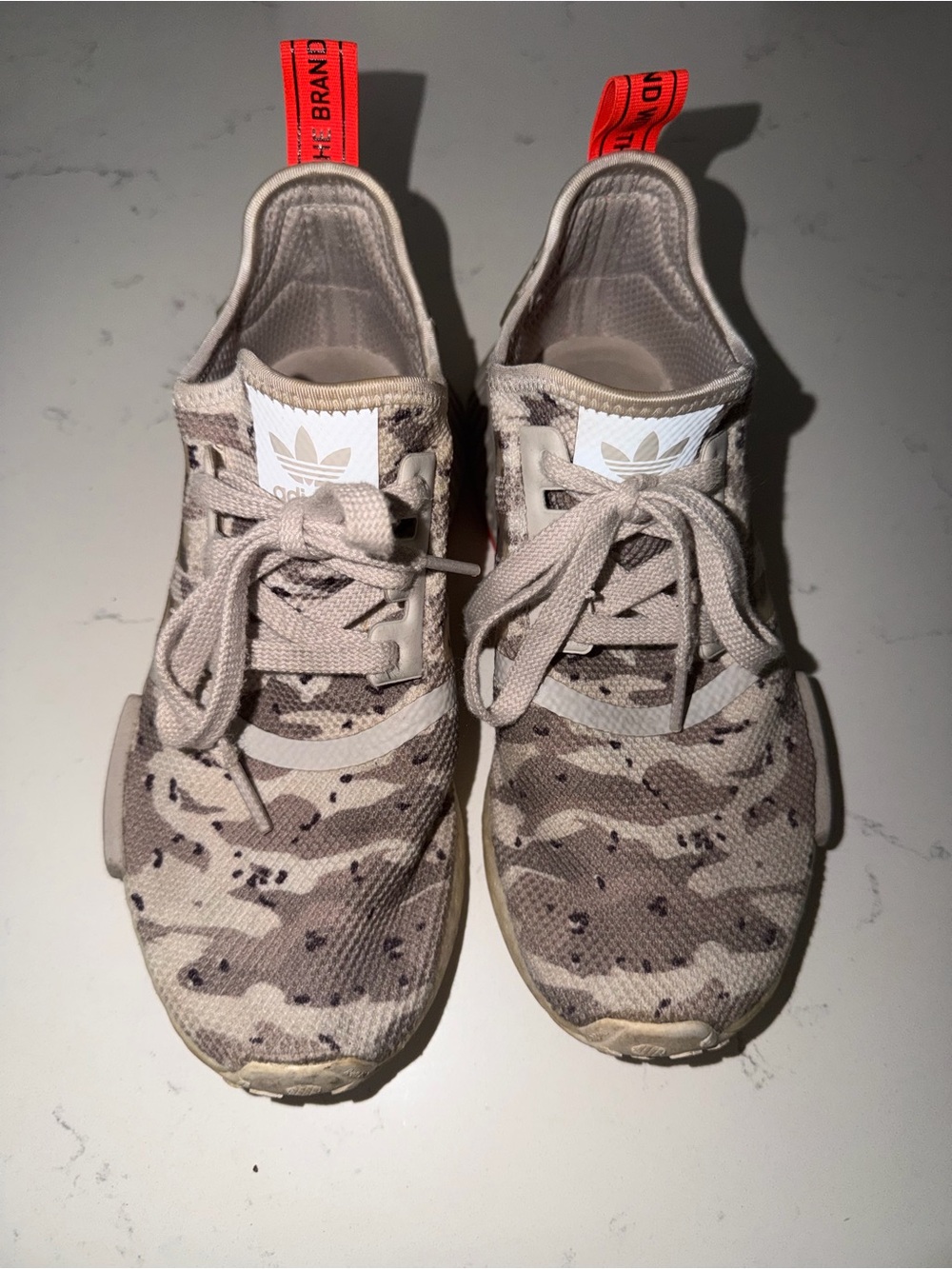 adidas Kids Beige Camo Sneakers with Red Heel Pull